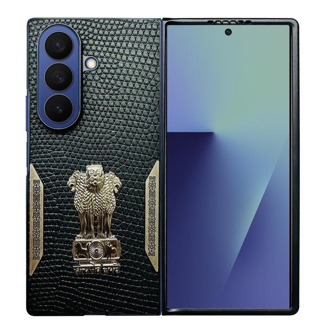 YOFO Premium Leather-Textured Back Cover for Samsung Galaxy Z Fold 5, Black with Metal Accents, Protective Case
