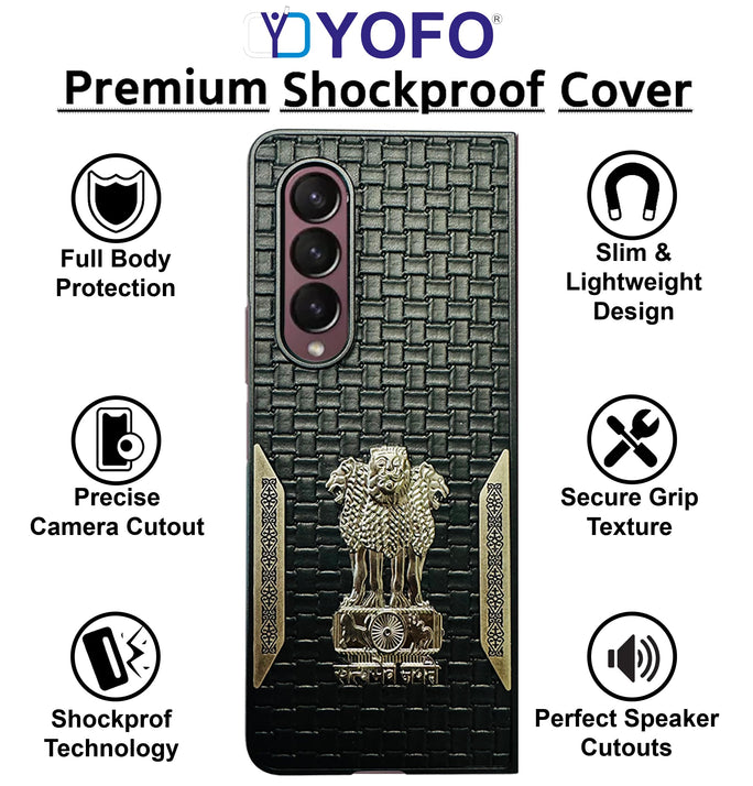 YOFO Premium Back Cover for Samsung Galaxy Z Fold Series, Textured Black with Decorative Metal Accents (Style 2, Samsung Galaxy Z Fold3)