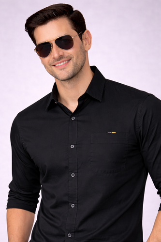 Men’s Solid Black Classic Shirt | Cotton Blend | Regular Fit | Full Sleeves