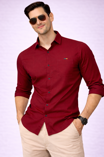 Men’s Solid Maroon Shirt | Cotton Blend | Regular Fit | Full Sleeves