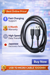 Fast Charging Micro USB Cable  | 1000mm Extra Tough Data Transfer Cord for Android Smartphones & Tablets (1 Pc)