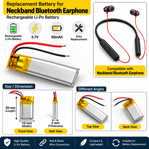 Realme Bluetooth Neck Band Battery 3.7V 50mAh Rechargeable Li-Po Battery | 20×10×2mm | Red & Black Wire