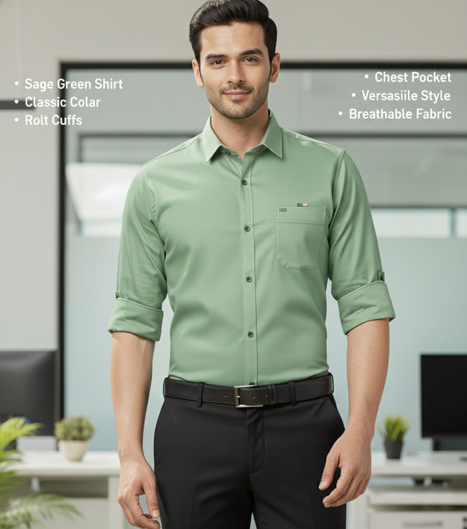 Men’s Solid Light Green Shirt | Cotton Blend | Regular Fit | Full Sleeves