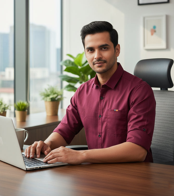 Men’s Solid Maroon Shirt | Cotton Blend | Regular Fit | Full Sleeves