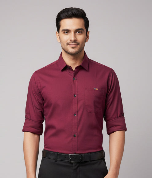 Men’s Solid Maroon Shirt | Cotton Blend | Regular Fit | Full Sleeves