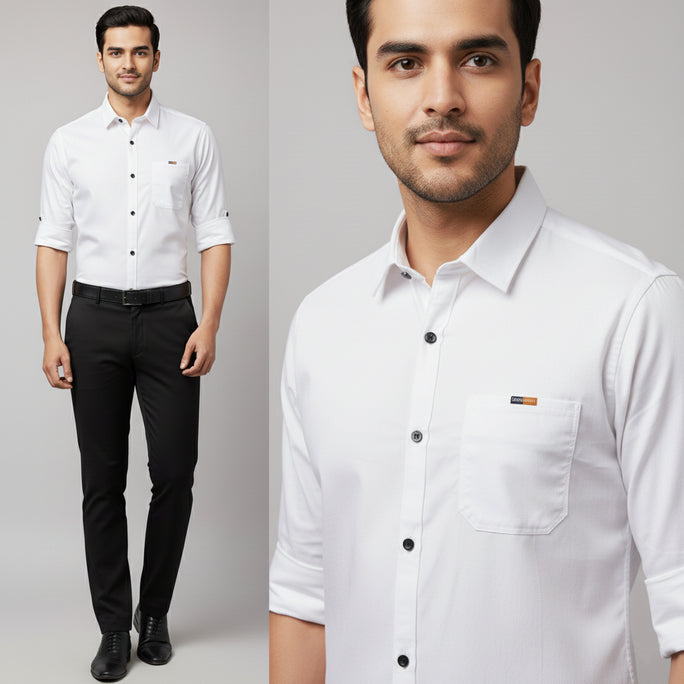 Men’s Solid White Shirt | Cotton Blend | Regular Fit | Full Sleeves