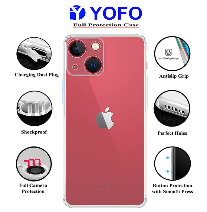 YOFO Back Cover for Apple iPhone 13 (Flexible|Silicone|Transparent|Camera Protection|DustPlug)