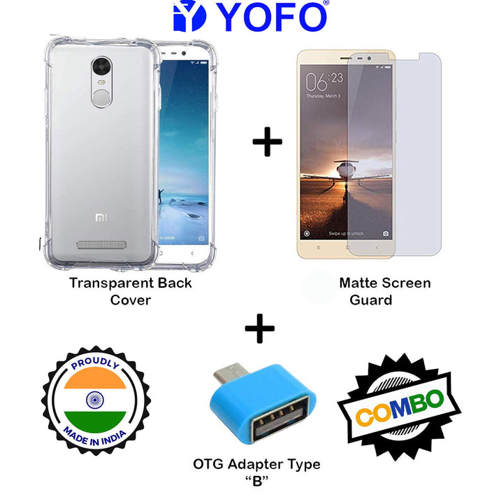 YOFO Combo for Mi Redmi Note 3 Transparent Back Cover + Matte Screen Guard with Free OTG Adapter