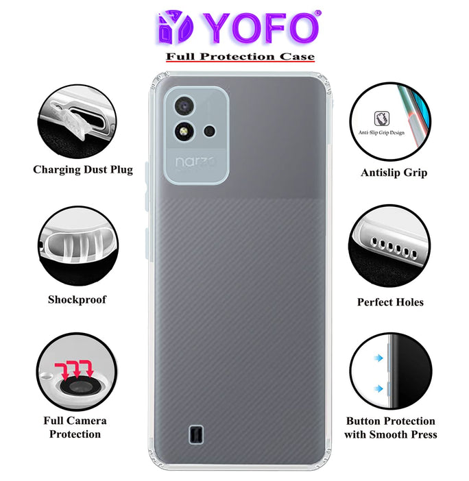 YOFO Back Cover for Realme Narzo 50i (Flexible|Silicone|Transparent|Camera Protection|DustPlug)