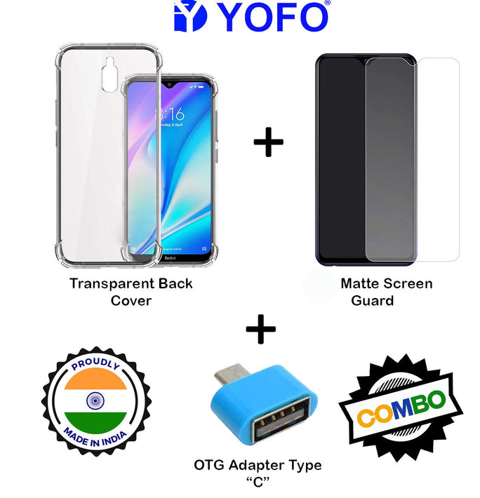 YOFO Combo for Mi Redmi 8A DUAL Transparent Back Cover + Matte Screen Guard with Free OTG Adapter