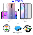 YOFO Combo for Mi Redmi 9 Prime Transparent Back Cover + Full Matte Screen Guad with Free OTG Adapter