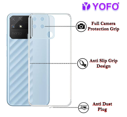 YOFO Back Cover for Realme Narzo 50A (Flexible|Silicone|Transparent|Camera Protection|DustPlug)