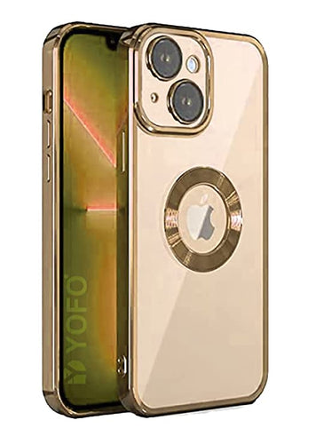 YOFO Electroplated Logo View Back Cover Case for Apple iPhone 13 [6.1] (Transparent|Chrome|TPU+Poly Carbonate)…Gold