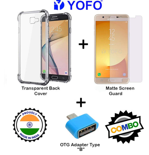 YOFO Combo for Samsung J5 Prime Transparent Back Cover + Matte Screen Guard with Free OTG Adapter