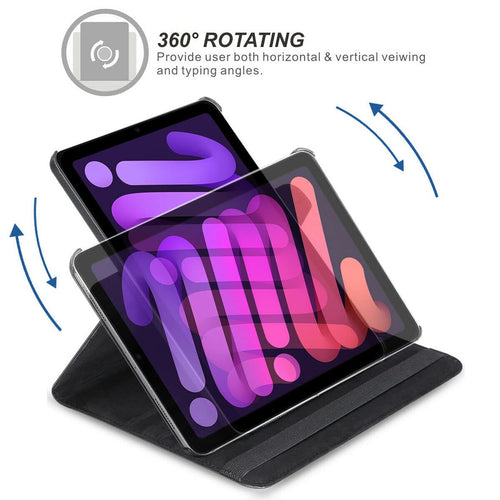 YOFO iPad Mini 6 Case, 360 Degree Rotating Stand Folio Case PU Leather Rotating Stand Cover (Black)