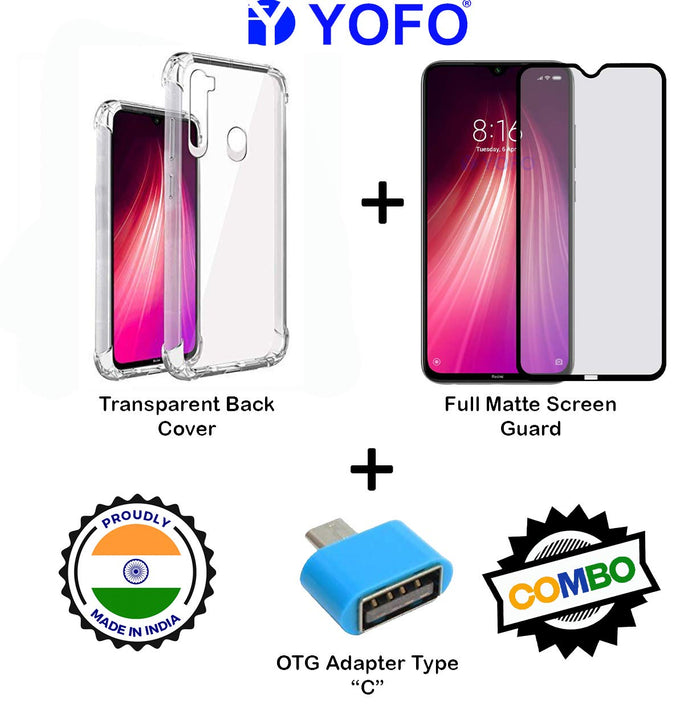 YOFO Combo for Mi Redmi Note 8 Transparent Back Cover + Matte Screen Guard with Free OTG Adapter