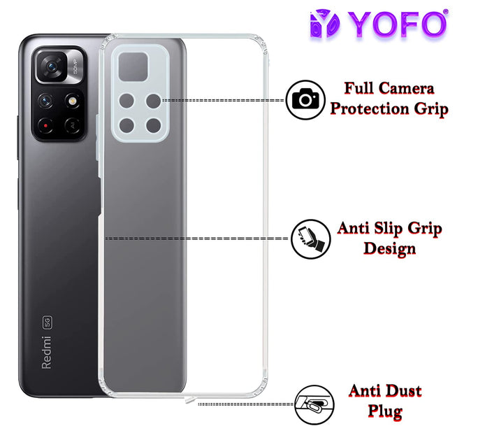 YOFO Back Cover for Mi Redmi Note 11T (5G) / Poco M4 Pro (5G) (Flexible|Silicone|Transparent|Camera Protection|DustPlug)