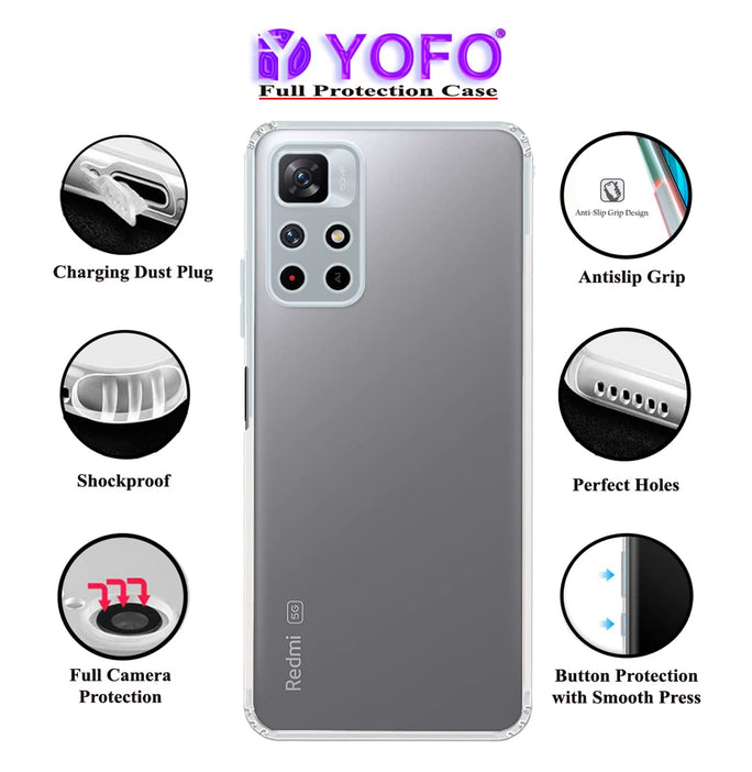 YOFO Back Cover for Mi Redmi Note 11T (5G) / Poco M4 Pro (5G) (Flexible|Silicone|Transparent|Camera Protection|DustPlug)