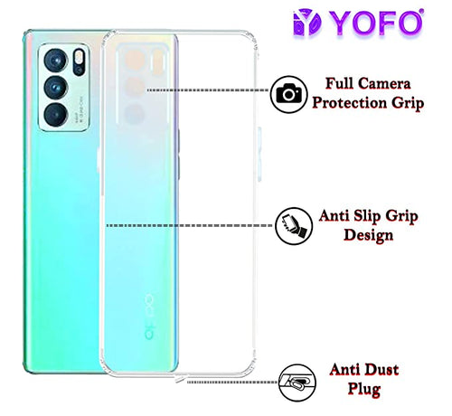 YOFO Back Cover for Oppo Reno 6 Pro (Flexible|Silicone|Transparent|Anti Dust Plug|Camera Protection)