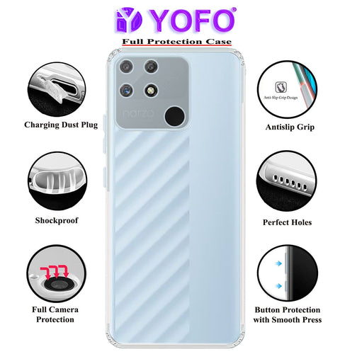 YOFO Back Cover for Realme Narzo 50A (Flexible|Silicone|Transparent|Camera Protection|DustPlug)