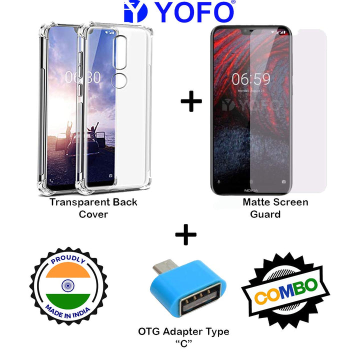 YOFO Combo for Nokia 6.1 Plus Transparent Back Cover + Matte Screen Guad with Free OTG Adapter