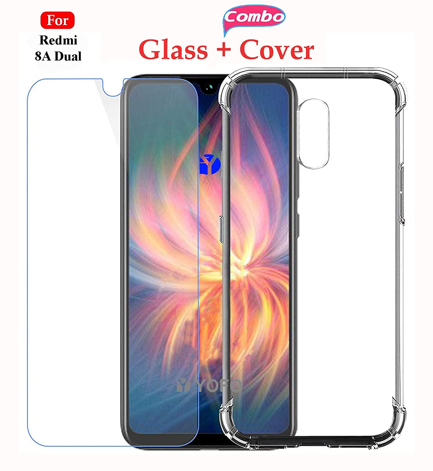 YOFO Transparent Back Cover Case with Tempered Glass Value Combo Pack for MI Redmi 8A Dual