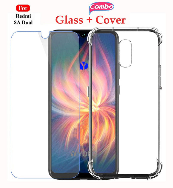 YOFO Transparent Back Cover Case with Tempered Glass Value Combo Pack - for MI Redmi 8A Dual