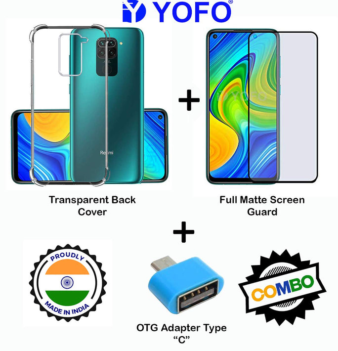 YOFO Combo for Mi Redmi Note 9 Transparent Back Cover + Full Matte Screen Guard with Free OTG Adapter