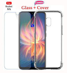 YOFO Transparent Back Cover Case with Tempered Glass Value Combo Pack - for MI Redmi 8A