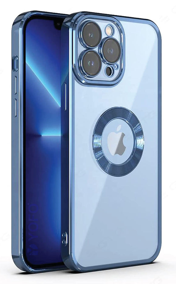 YOFO Electroplated Logo View Back Cover Case for Apple iPhone 14 Pro Max [6.7] (Transparent|Chrome|TPU+Polycarbonate)- Blue