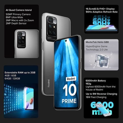 Redmi 10 Prime (Phantom Black 4GB RAM 64GB | Helio G88 with extendable RAM Upto 2GB | FHD+ 90Hz Adaptive Sync Display
