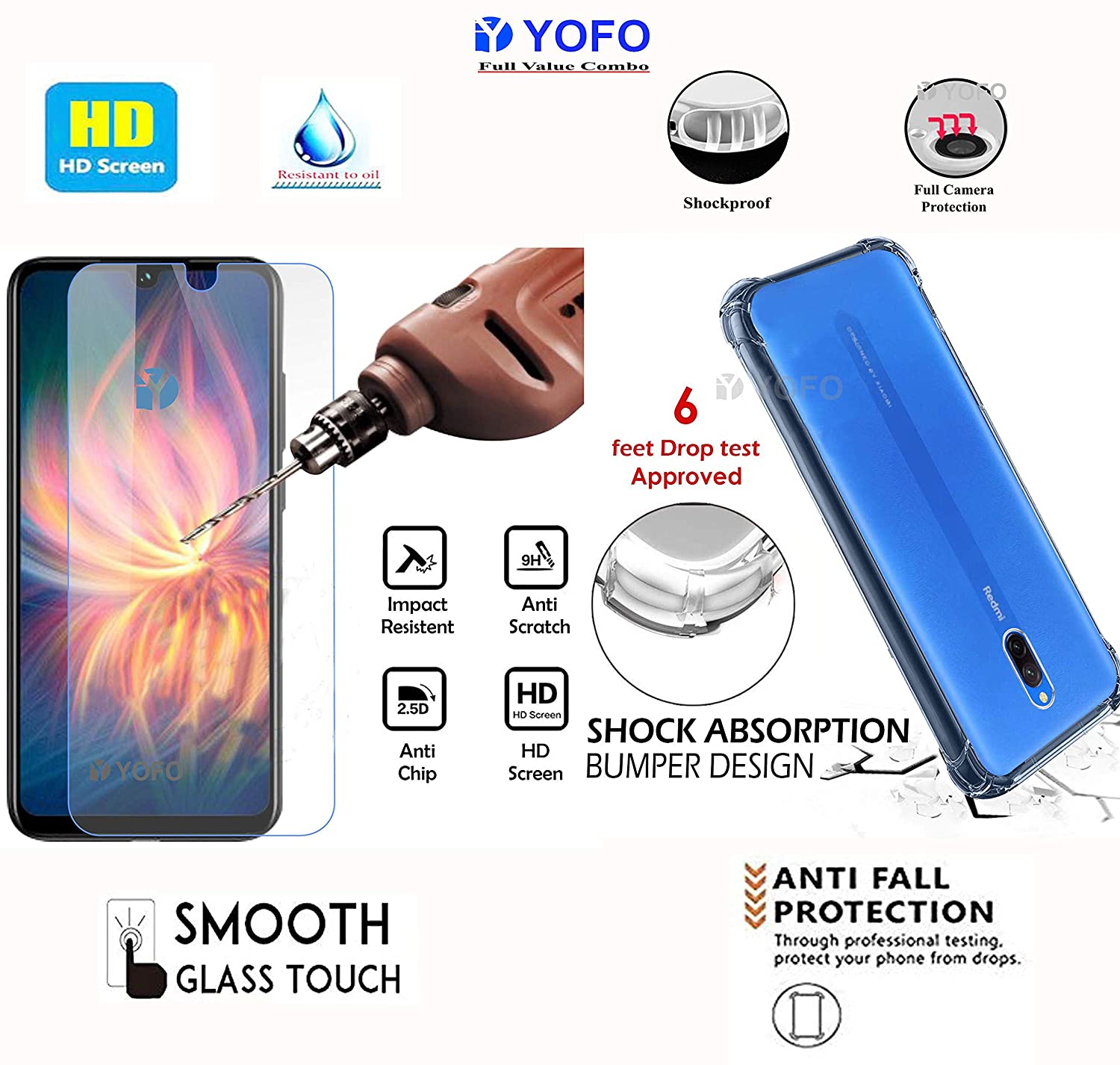 YOFO Transparent Back Cover Case with Tempered Glass Value Combo
