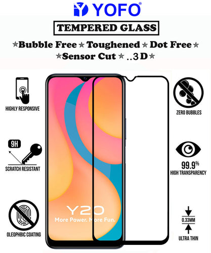 YOFO HD D+ Edge to Edge Full Screen Coverage Tempered Glass for Vivo Y20 / Y20i - Full Glue Gorilla Glass (Black)
