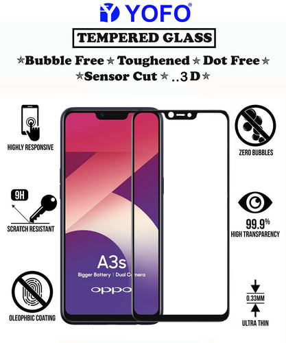 YOFO HD D+ Edge to Edge Full Screen Coverage Tempered Glass for Oppo A3s - Full Glue Gorilla Glass (Black)