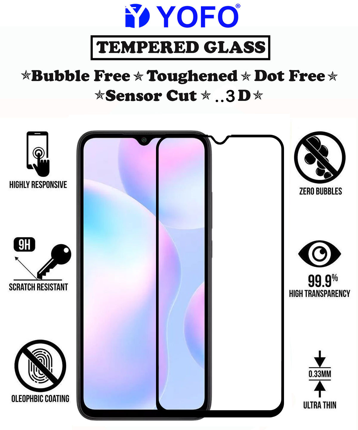 YOFO HD D+ Edge to Edge Full Screen Coverage Tempered Glass for Redmi 9A Full Glue Gorilla Glass (Black)