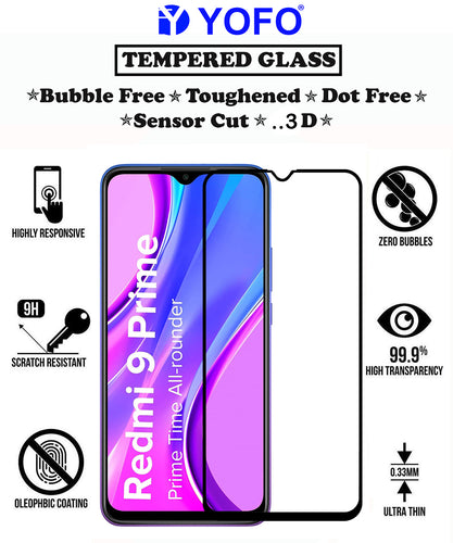 YOFO HD D+ Edge to Edge Full Screen Coverage Tempered Glass for Redmi 9 Prime - Full Glue Gorilla Glass (Black)