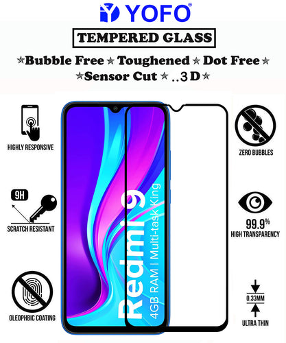 YOFO HD D+ Edge to Edge Full Screen Coverage Tempered Glass for Redmi 9 - Full Glue Gorilla Glass (Black)