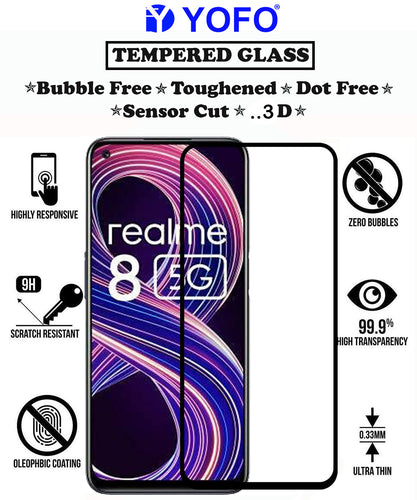 YOFO HD D+ Edge to Edge Full Screen Coverage Tempered Glass for Realme 8 - Full Glue Gorilla Glass (Black)