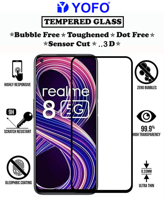 YOFO HD D+ Edge to Edge Full Screen Coverage Tempered Glass for Realme 8 - Full Glue Gorilla Glass (Black)