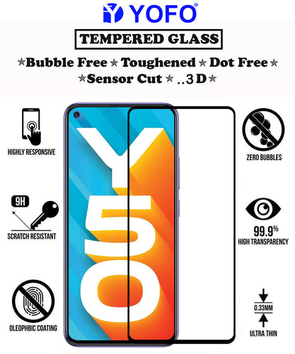 YOFO HD D+ Edge to Edge Full Screen Coverage Tempered Glass for Vivo Y50 - Full Glue Gorilla Glass (Black)