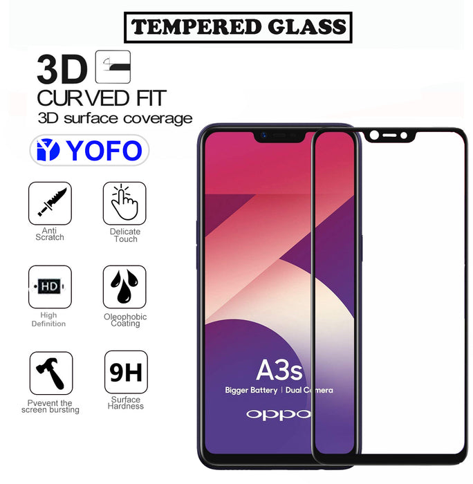 YOFO HD D+ Edge to Edge Full Screen Coverage Tempered Glass for Oppo A3s - Full Glue Gorilla Glass (Black)