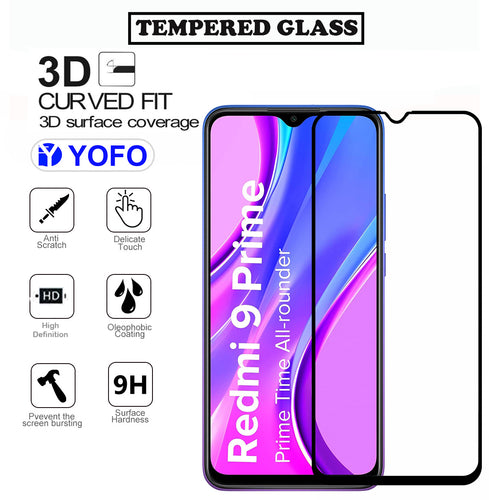 YOFO HD D+ Edge to Edge Full Screen Coverage Tempered Glass for Redmi 9 Prime - Full Glue Gorilla Glass (Black)