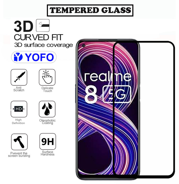 YOFO HD D+ Edge to Edge Full Screen Coverage Tempered Glass for Realme 8 - Full Glue Gorilla Glass (Black)