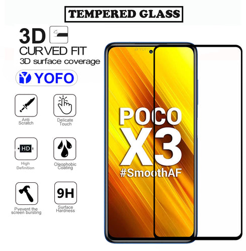 YOFO HD D+ Edge to Edge Full Screen Coverage Tempered Glass for Poco X3 - Full Glue Gorilla Glass (Black)