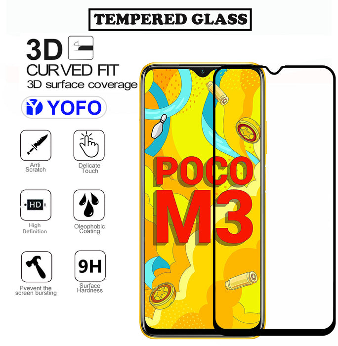 YOFO HD D+ Edge to Edge Full Screen Coverage Tempered Glass for Poco M3 - Full Glue Gorilla Glass (Black)