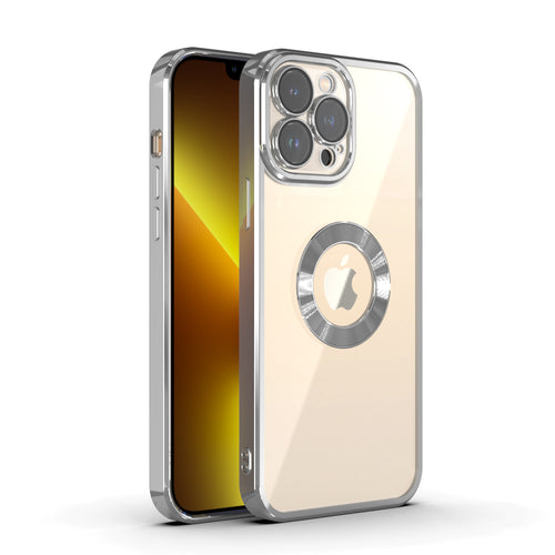YOFO Electroplated Logo View Back Cover Case for Apple iPhone 14 Pro Max [6.7] (Transparent|Chrome|TPU+Polycarbonate)- Silver