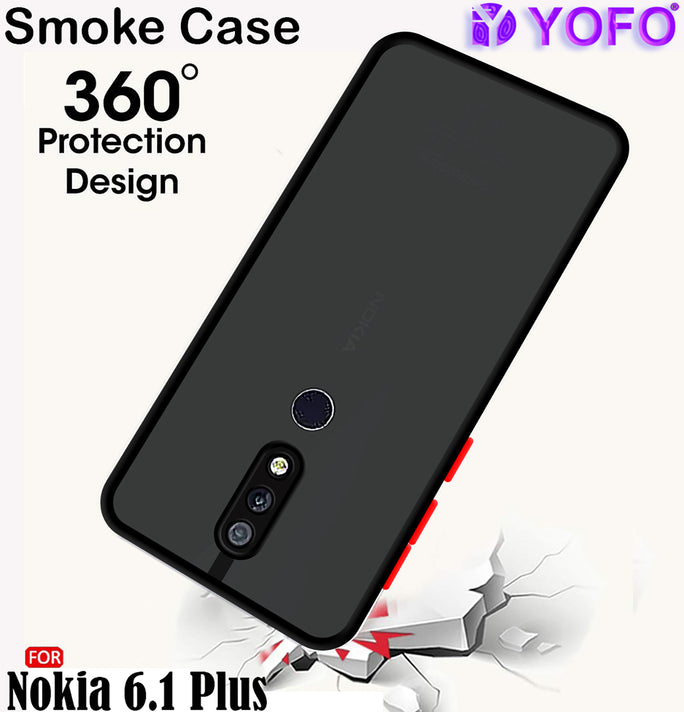 YOFO Back Cover for Nokia 6.1 Plus (Translucent Matte Smoke Case|Soft Frame|Shockproof|Full Camera Protection) with Free Mobile Stand