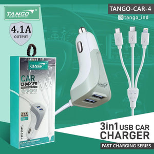 Tango Car Charger 4.1A Quick Car Charger with 3 in 1 Android type-C and IOS USB Data Cable